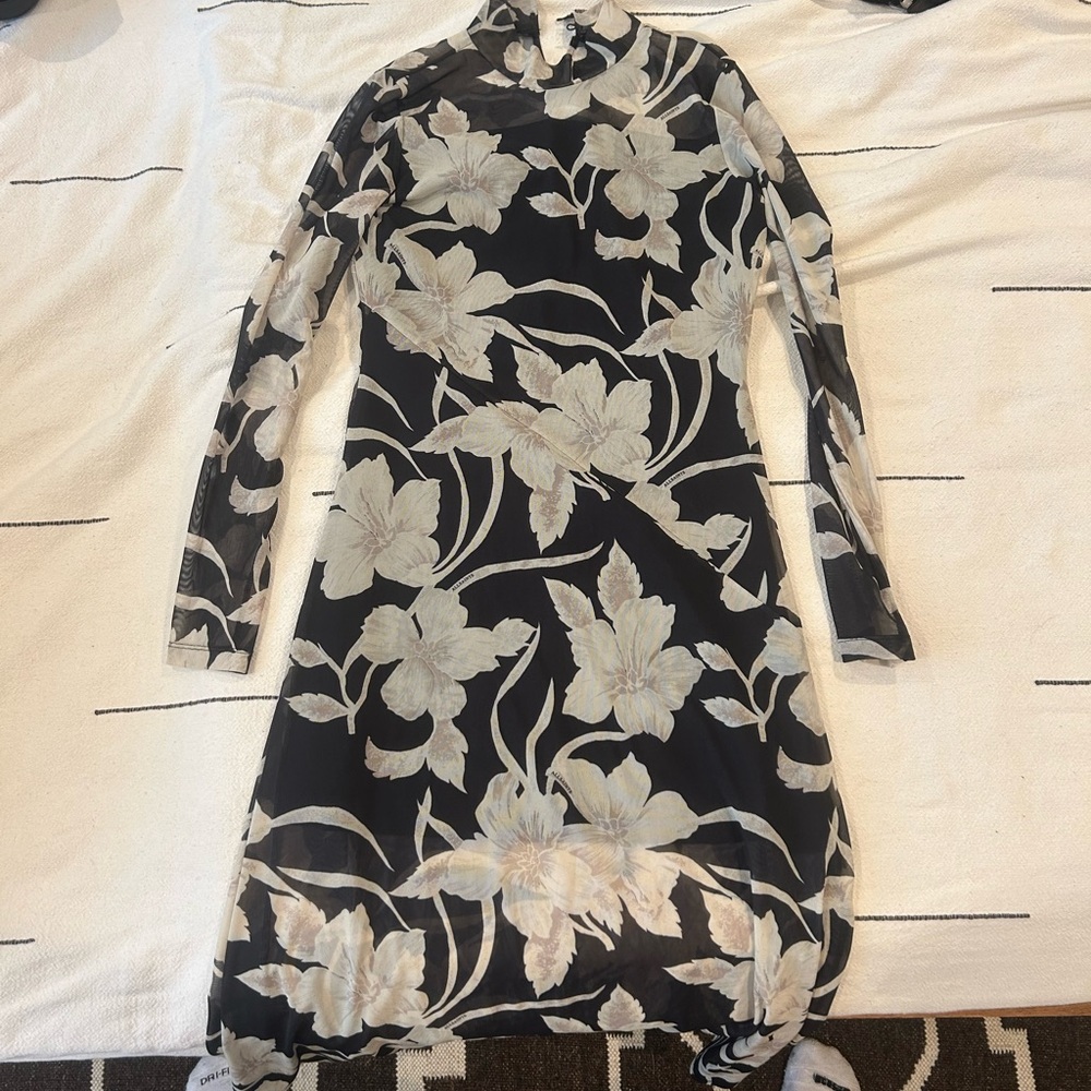All Saints Black and Cream Floral Long Sleeve Dress